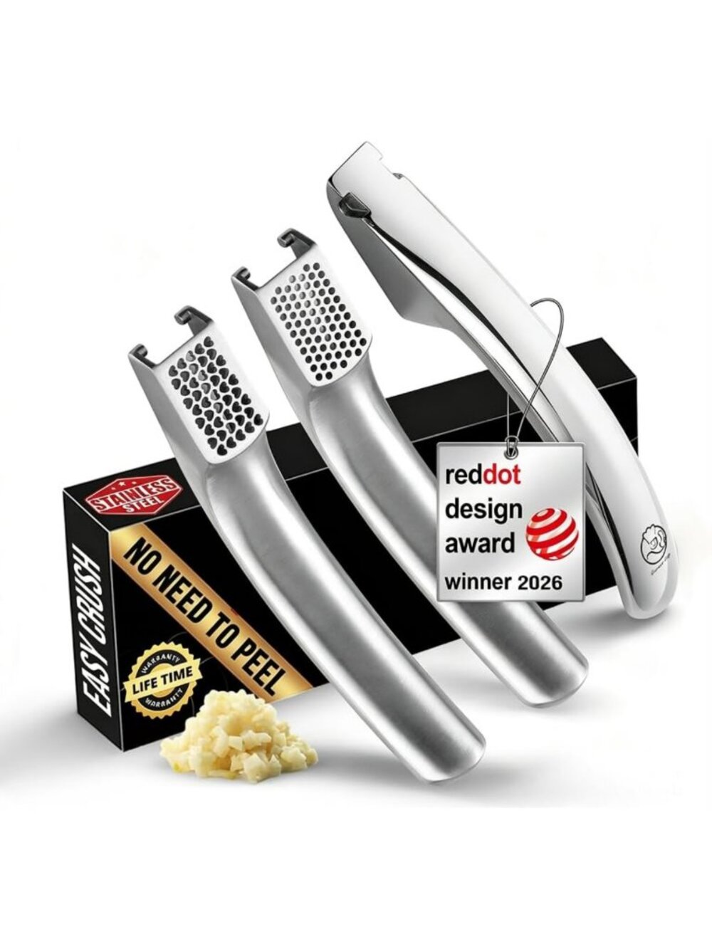 Easy Garlic Press - No Peeling Required, Fine & Coarse Options, Lifetime